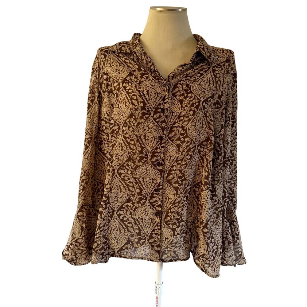 Brown Paisley Sheer Mesh Flare Sleeve Blouse Plus Size 3X Boho Forest Fairy